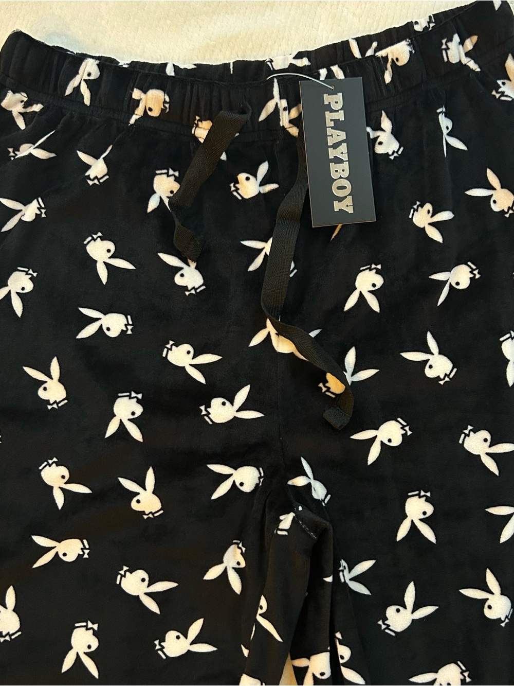 Playboy Women’s Velour Lounge Pants Pajama Size Small Bunny Logo Black And White